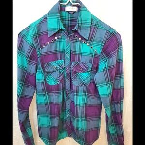 ANCHOR BLUE BUTTON DOWN BLOUSE TEAL & PURPLE SZ L